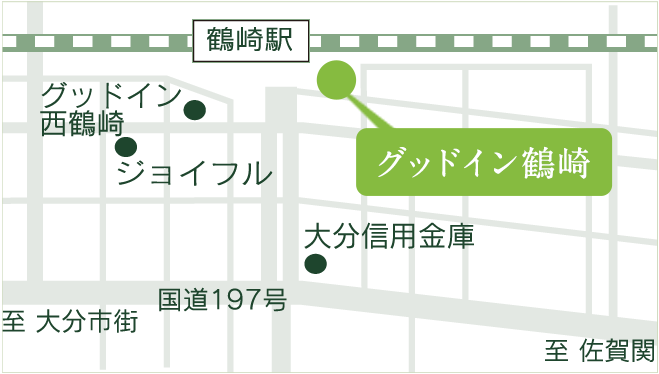 ＪＲ鶴崎駅から徒歩1分、「ジョイフル」より、徒歩5分。